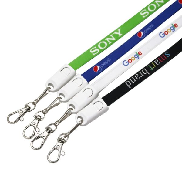 Four lanyards with metal clips are displayed: one green with SONY, one blue with Pepsi, one white with Google, and one black with Smart Band. They have detachable white plastic clips.