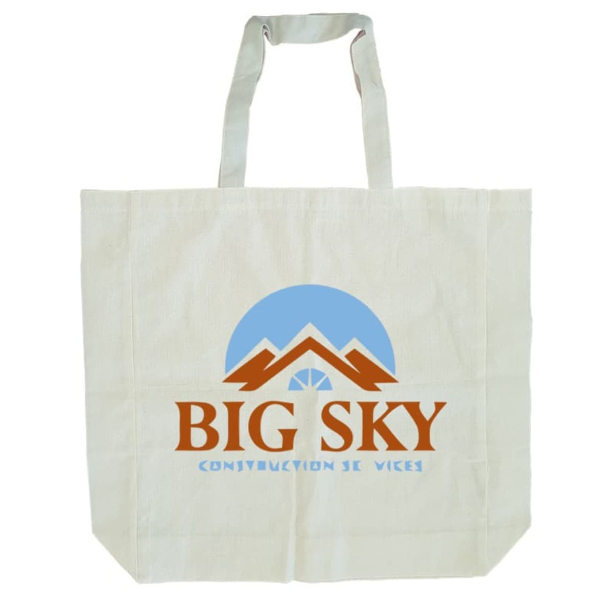 A beige tote bag with two handles featuring a logo. The logo includes a stylized mountain, a blue half-circle, and the text BIG SKY Construction Services in bold letters.