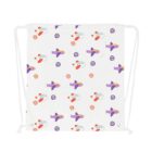 Drawstring bag with a pattern of colorful airplanes and swirls on a white background. The airplanes are in orange, purple, and blue, and the swirls are in red and purple.