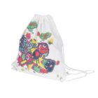 A white drawstring backpack featuring colorful, abstract graphics and text. The design includes vibrant shapes, cartoon characters, and playful phrases, giving it a lively and artistic look.