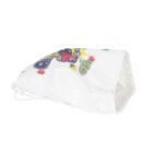 A white drawstring bag featuring colorful cartoon graphics and the words BYE and life in playful fonts. The bag is slightly open and lying on its side.