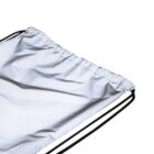 A close-up of a light gray drawstring bag with black strings against a white background. The bags material appears slightly crumpled.