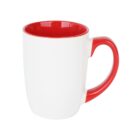 A white ceramic mug with a red interior and handle, shown against a plain white background.