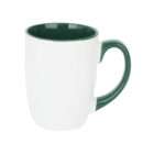 A ceramic mug with a white exterior and a dark green interior and handle, placed against a plain white background.