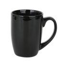 A plain, glossy black ceramic mug with a curved handle, set against a white background.