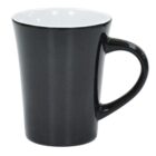 A black ceramic mug with a wide base and tapered top. It has a curved handle on the side.