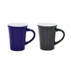 Two ceramic mugs are shown on a white background. The mug on the left is dark blue, and the one on the right is black. Both have a sleek, modern design with slightly flared tops and matching handles.