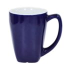 A dark blue ceramic mug with a glossy finish. The mug has a wide, curved handle and a slightly tapered body. The interior is white, providing a contrast to the exterior. The mug is empty and stands on a plain background.