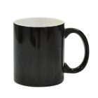 A plain black ceramic mug with a glossy finish, featuring a white interior and a large handle. The mug is empty and shown against a white background.