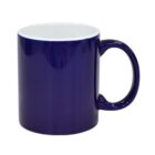 A plain, glossy dark blue mug with a white interior and a curved handle, positioned against a white background.