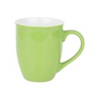 A green ceramic mug with a handle is shown against a plain white background. The mug has a glossy finish and a white interior.