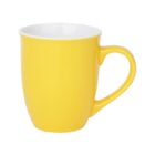 A bright yellow ceramic mug with a curved handle, shown against a white background. The mug has a glossy finish and a white interior.