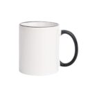 A plain white ceramic mug with a black handle and rim, displayed against a white background.