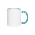 A white ceramic mug with a turquoise handle and rim is shown against a plain white background.