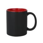 A black mug with a glossy red interior and a sturdy handle, shown against a plain white background.