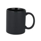 A plain black ceramic mug with a glossy finish, shown against a white background. The mug has a simple design with a smooth surface and a sturdy handle on the right side.