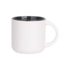 A white ceramic mug with a black interior. It has a simple, smooth design with a rounded handle on one side. The mug is empty and placed on a plain white background.