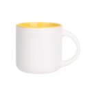 A white ceramic mug with a bright yellow interior, featuring a smooth surface and a sturdy handle, positioned against a plain white backdrop.
