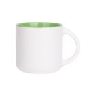 A plain white mug with a smooth surface and a green interior, shown on a white background. The mug has a large handle on the right side.