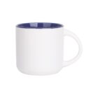 A white ceramic mug with a navy blue interior, featuring a large, curved handle on the right side. The mug is placed against a plain white background.