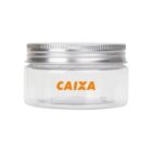 A clear plastic jar with a silver metal screw-on lid. The jar has the word CAIXA printed in orange on its front.