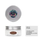 A silver tin container with a colorful Thank you! sticker on the lid and a clear jar with a sticker saying From my heart to yours. A note mentions that stickers can be customized for packages.