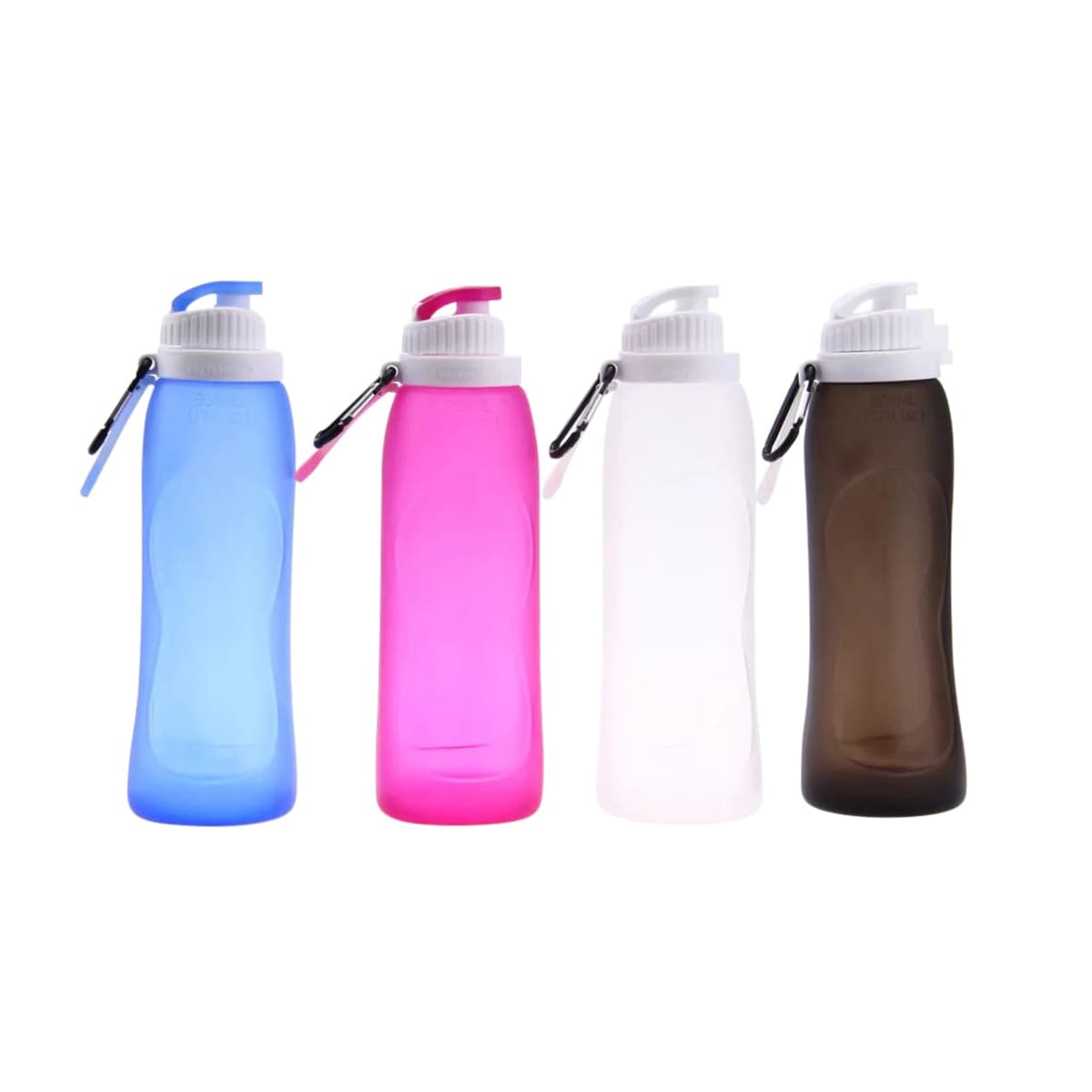 Four reusable water bottles in blue, pink, clear, and brown with white caps and carabiners.