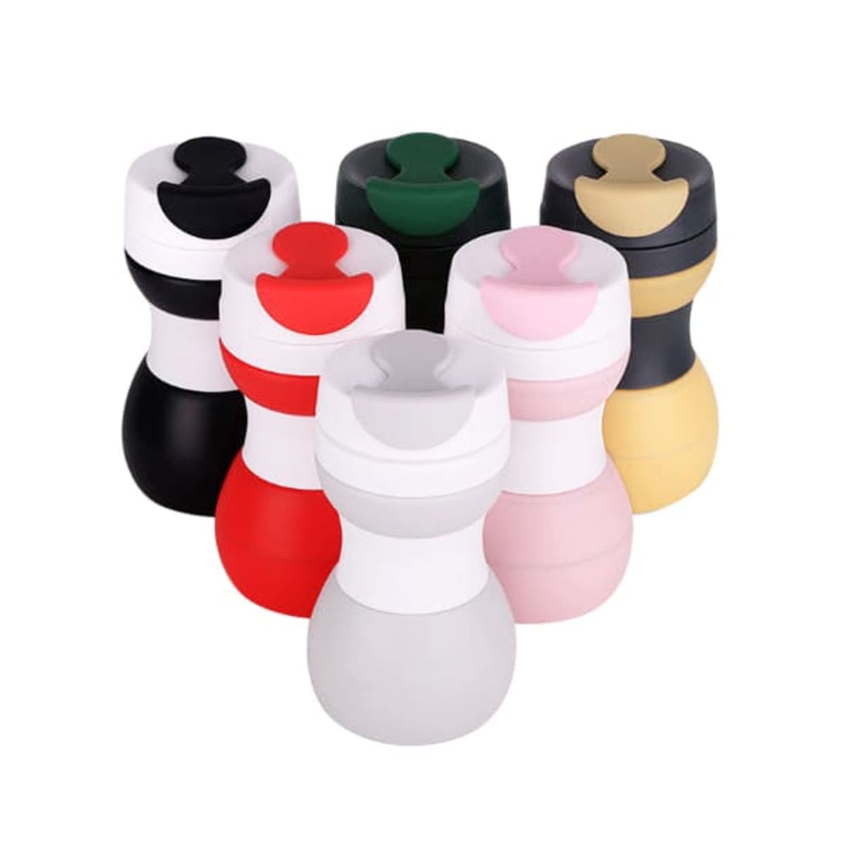 Six colorful, round, handheld kitchen grinders displayed in black, red, white, green, pink, and beige colors. Each grinder has a distinctive curvy design and a contrasting color top, arranged in a hexagonal pattern.