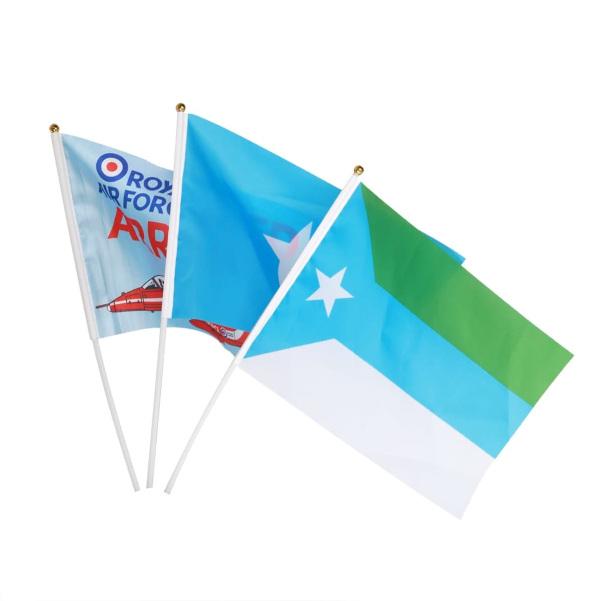 Three flags displayed with flagpoles. One has Royal Air Force, with an airplane. Another is blue with a red star. The third flag is blue, white, and green with a white star, resembling the Somali political flag.