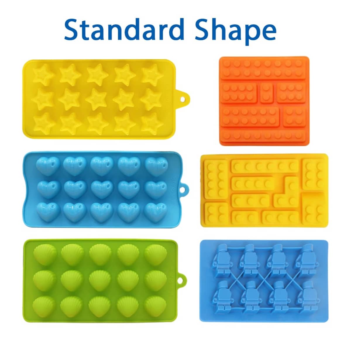 Six colorful silicone molds are displayed: yellow stars, orange bricks, blue hearts, green shells, yellow lego blocks, and blue robots. The text Standard Shape is above them.