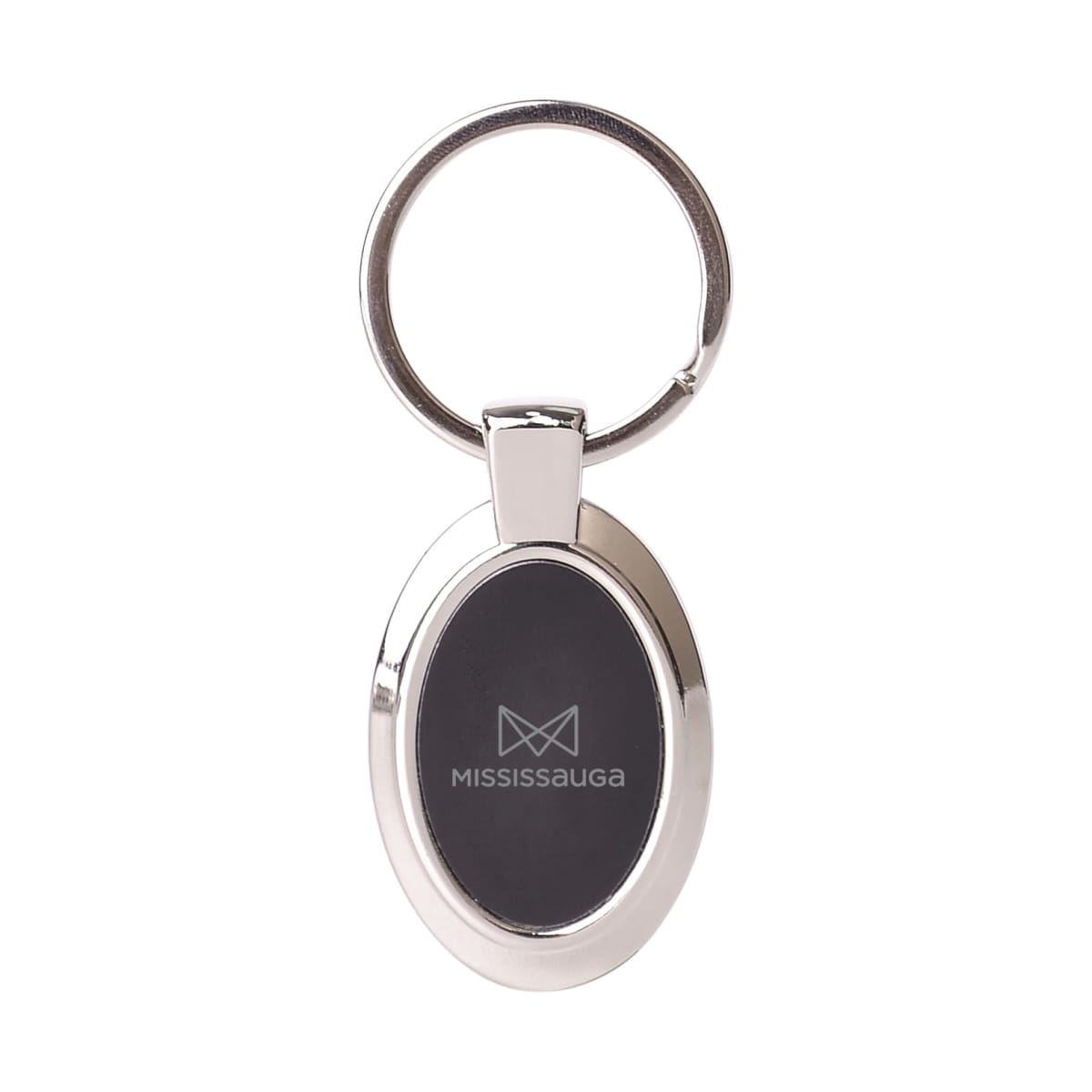 A silver metal keychain with an oval-shaped black center featuring the word Mississauga and a geometric design above it. The keychain has a round keyring at the top.