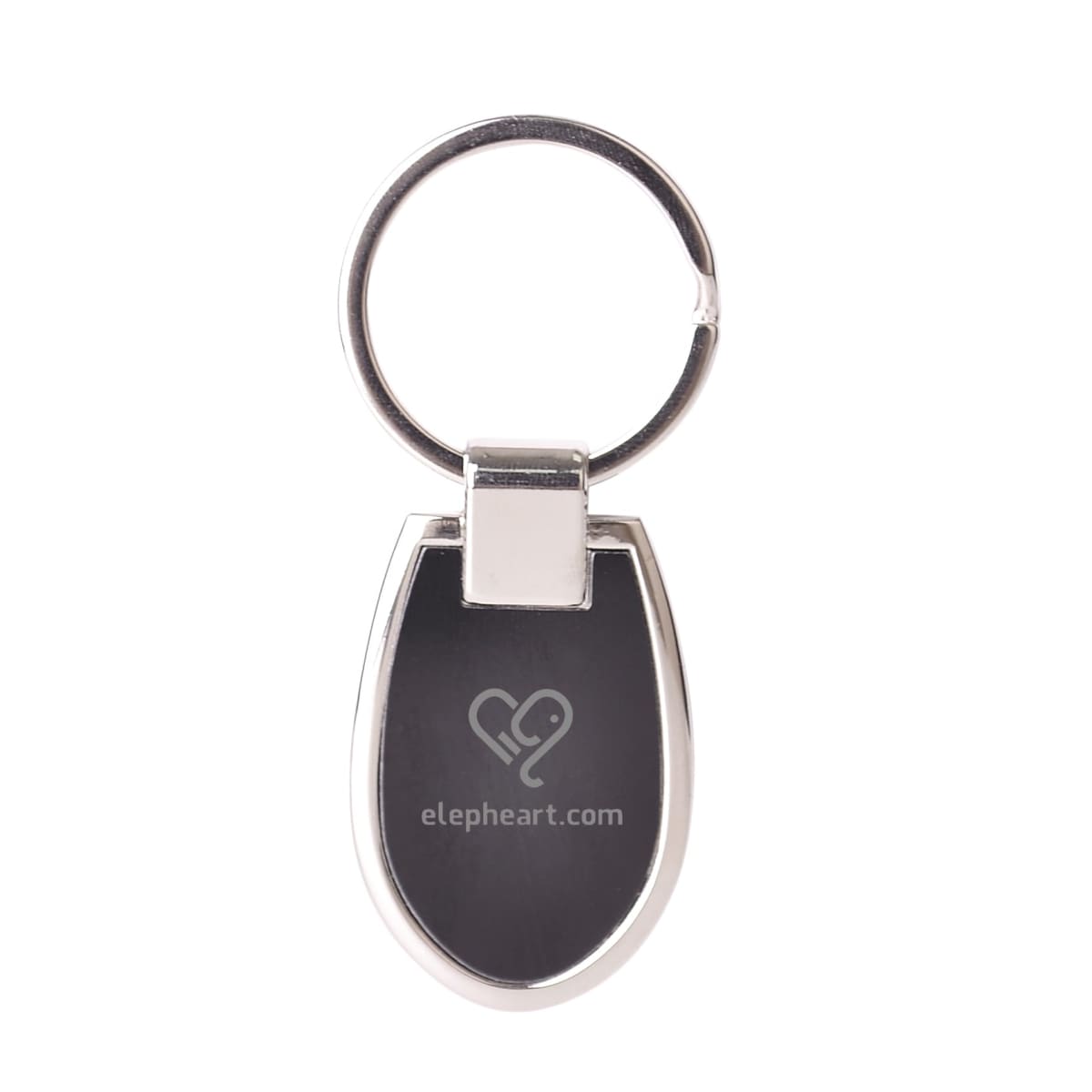 A silver metal keyring with a black oval pendant engraved with the word elepheart.com and a heart-shaped elephant logo.