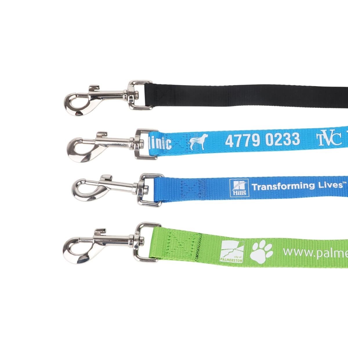 Four dog leashes with metal clips are shown. They are black, red, blue, and green, each with different printed text or logos.