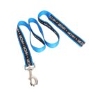 A blue and black nylon dog leash with the text HKDR printed repeatedly. The leash features a silver metal clasp at one end.