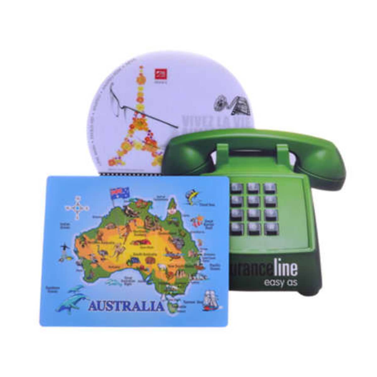 Three colorful mousepads are displayed: one features a green retro telephone design, another has an artistic Eiffel Tower illustration with Vive la Vie text, and the third shows a map of Australia with landmarks.