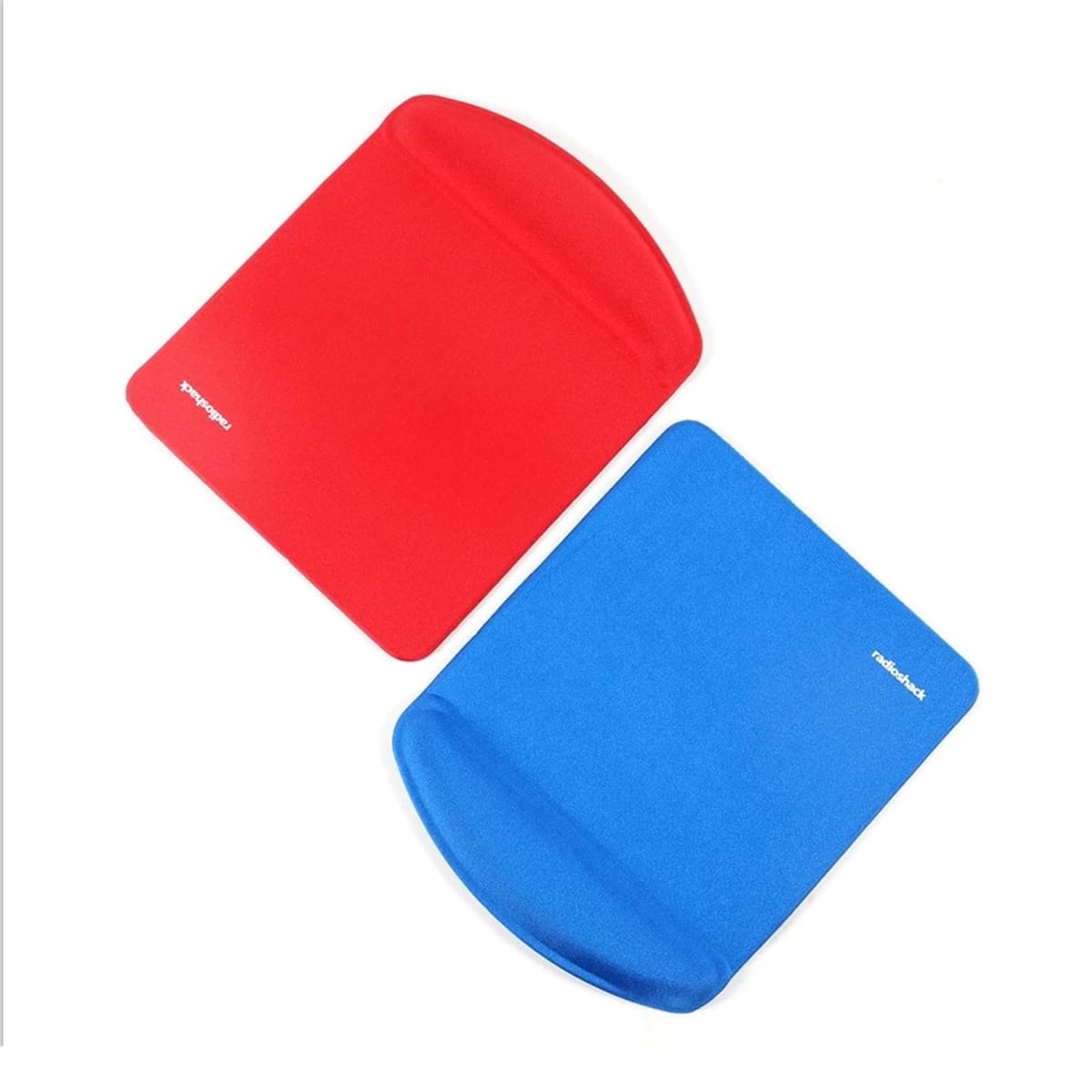 Two ergonomic mouse pads are shown on a white background. One is red and the other is blue, both with integrated wrist rests. They are positioned diagonally, with their corners nearly touching.