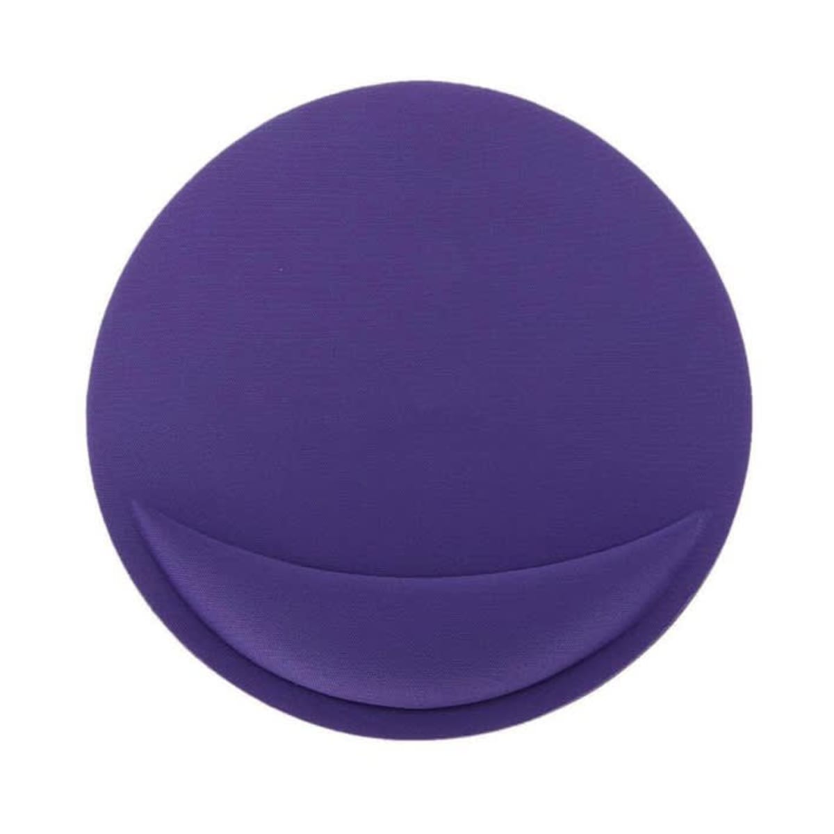 A round, dark purple object resembling a makeup sponge from a top view, featuring a smooth surface and a curved indentation near the bottom edge.