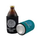 Two beverage coolers are featured: one black, holding a brown bottle, and another teal, lying on its side with a silver can inside. Both have YOUR LOGO HERE printed on them.