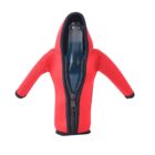 A glass bottle is snugly fitted inside a red hoodie-shaped sleeve with a front zipper. The hoodie has long sleeves and a raised hood, giving the bottle a quirky, anthropomorphic appearance.