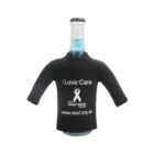 A bottle with blue liquid is encased in a black sleeve shaped like a long-sleeve shirt. Text on the sleeve reads I Love Cans and features a white ribbon. Its promoting the Sydney Breast Cancer Foundation with a website link: www.sbcf.org.au.