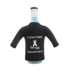 A blue bottle wearing a black cover shaped like a t-shirt. The text on the cover reads I Love Cans with the Sydney Breast Cancer Foundation logo and a website link www.sbcf.org.au below it.