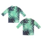 Two long-sleeved shirts with a vibrant green palm leaf pattern on a dark background are laid out. The shirts face opposite directions, showcasing the front and back views.