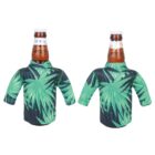 Two beer bottles are dressed in green, tropical leaf-patterned koozies that resemble shirts with sleeves. The koozies cover the bottles except for the necks and caps. The background is white.
