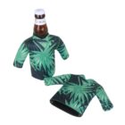 Bottle with a tropical leaf-patterned green sleeve shaped like a shirt, next to an identical empty sleeve lying flat.