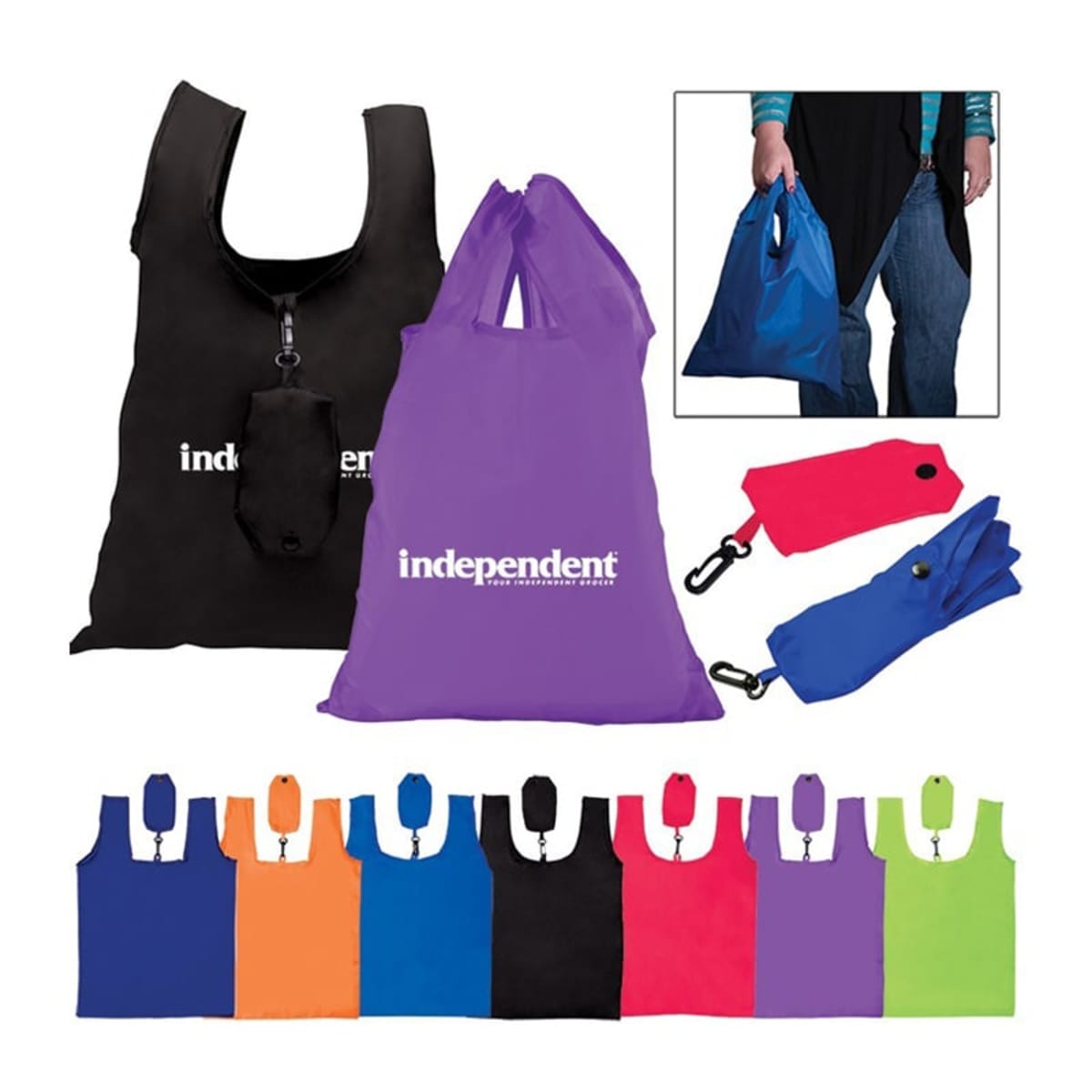 Several reusable shopping bags in various colors, including black, purple, orange, blue, red, and green, are displayed. The purple bag has independent written on it. A small inset shows a person holding the blue bag in hand.