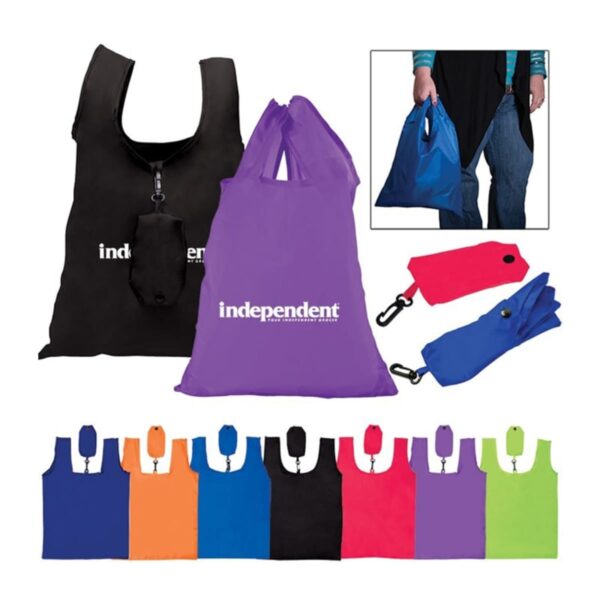 Reusable shopping bags in various colors, including black, purple, red, blue, orange, pink, and green, shown unfolded and folded with clips. A person holds a blue bag. The word independent is printed on some bags.