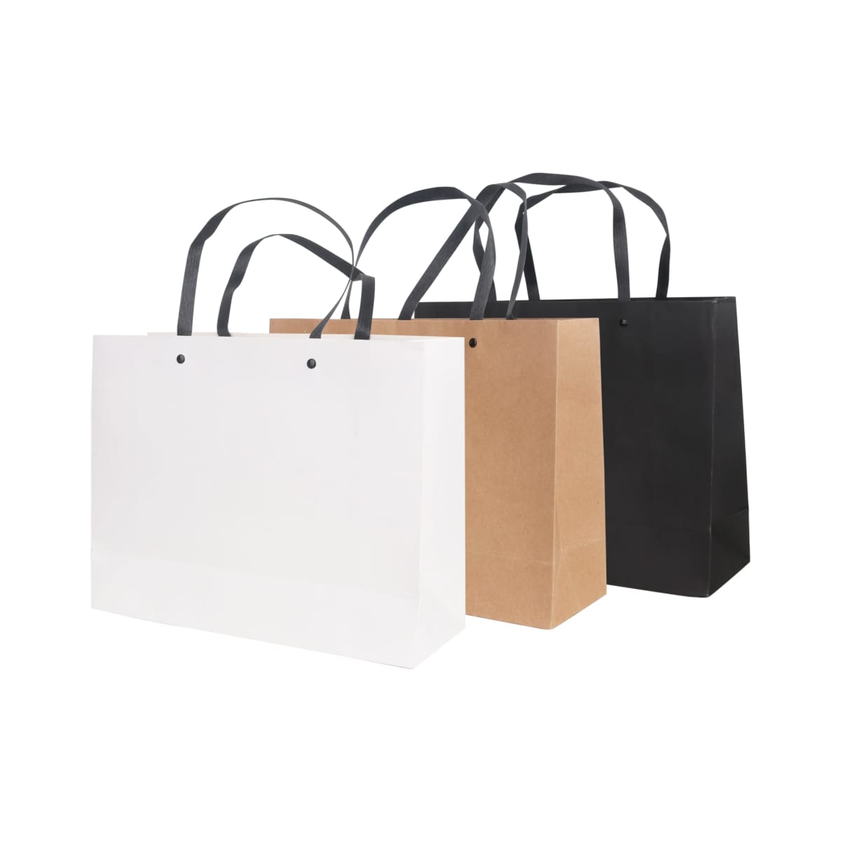Three shopping bags with black handles are displayed: one white, one brown, and one black. They stand upright side by side against a plain white background.