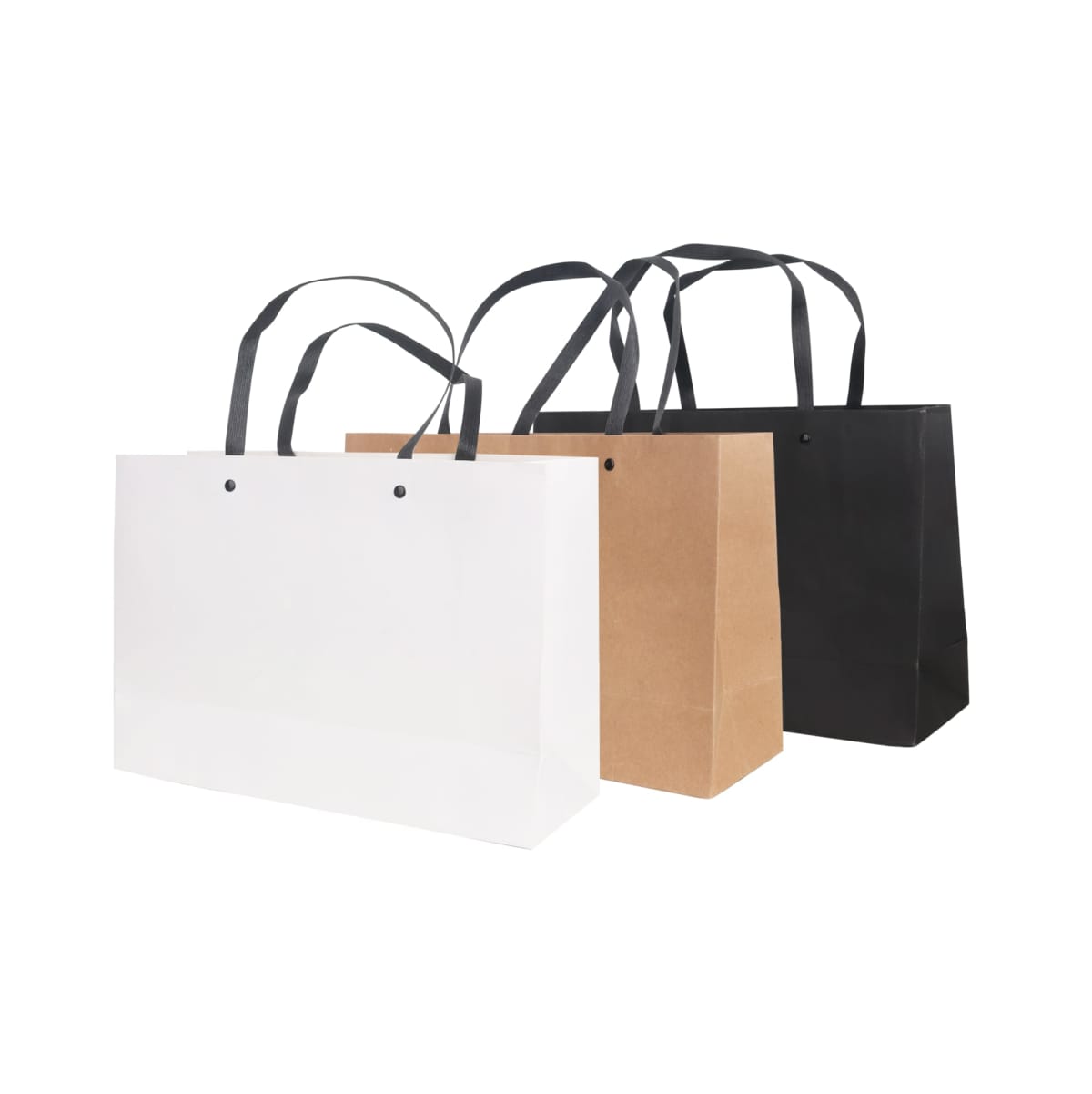 Three rectangular shopping bags with black handles are displayed. The bags are in white, brown, and black colors, arranged from left to right, against a white background.