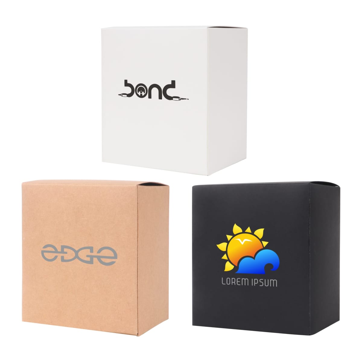 Three boxes are displayed: a white box with bond in black, a brown box with EDGE in gray, and a black box featuring a sun and cloud graphic with LOREM IPSUM below it.