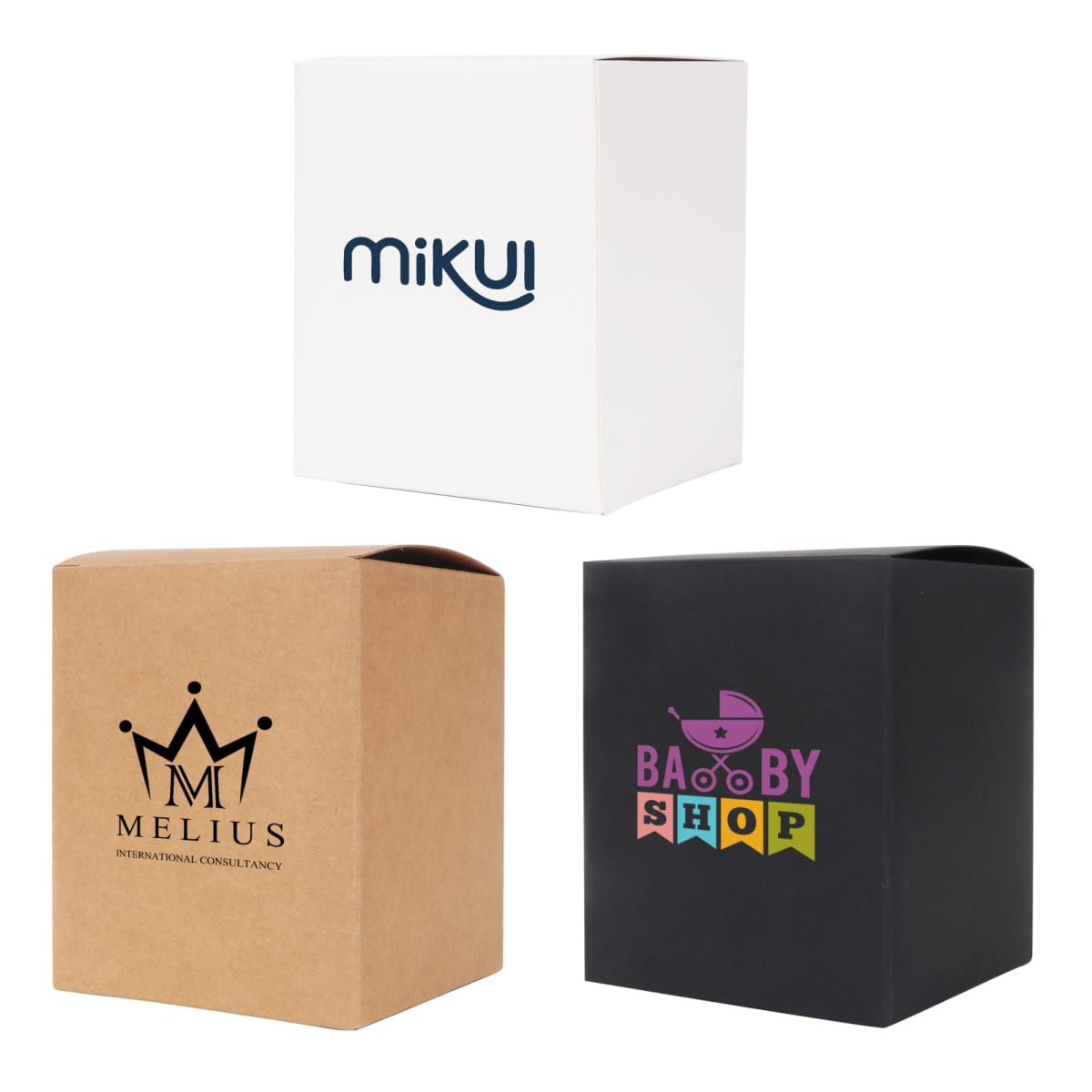 Three boxes are shown: a white box with mikui in blue, a brown box with Melius International Consultancy and a crown, and a black box with colorful Baby Shop and a baby carriage graphic.